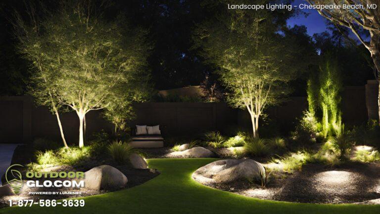 Backyard of a home with landscape lighting