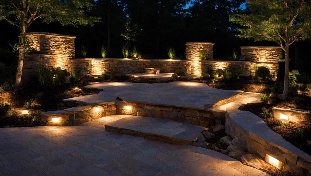Deck and patio lighting on a backyard of an american home