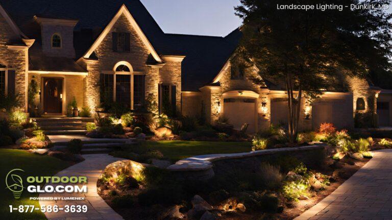 A home at dusk with driveway and landscape lighting