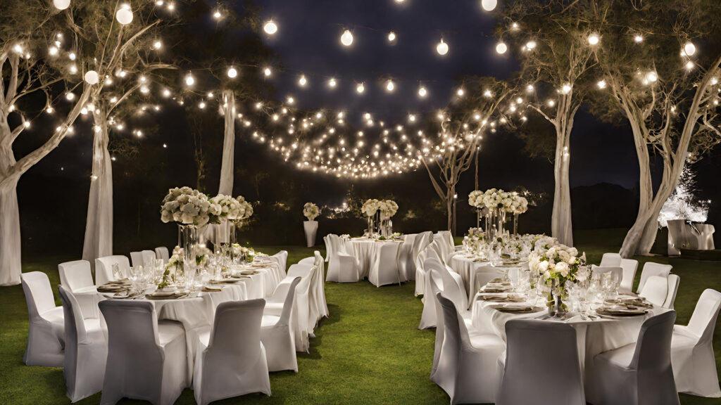 Outdoor wedding event with beautiful overhead lights