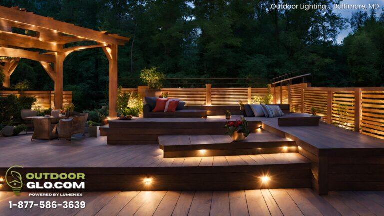Chill Deck and patio with lighting at dusk
